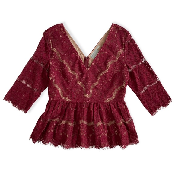 Anthropologie Maeve Needle Lace Merlot Blouse - 3/4 sleeve - Peplum - V Neck - Picture 3 of 9